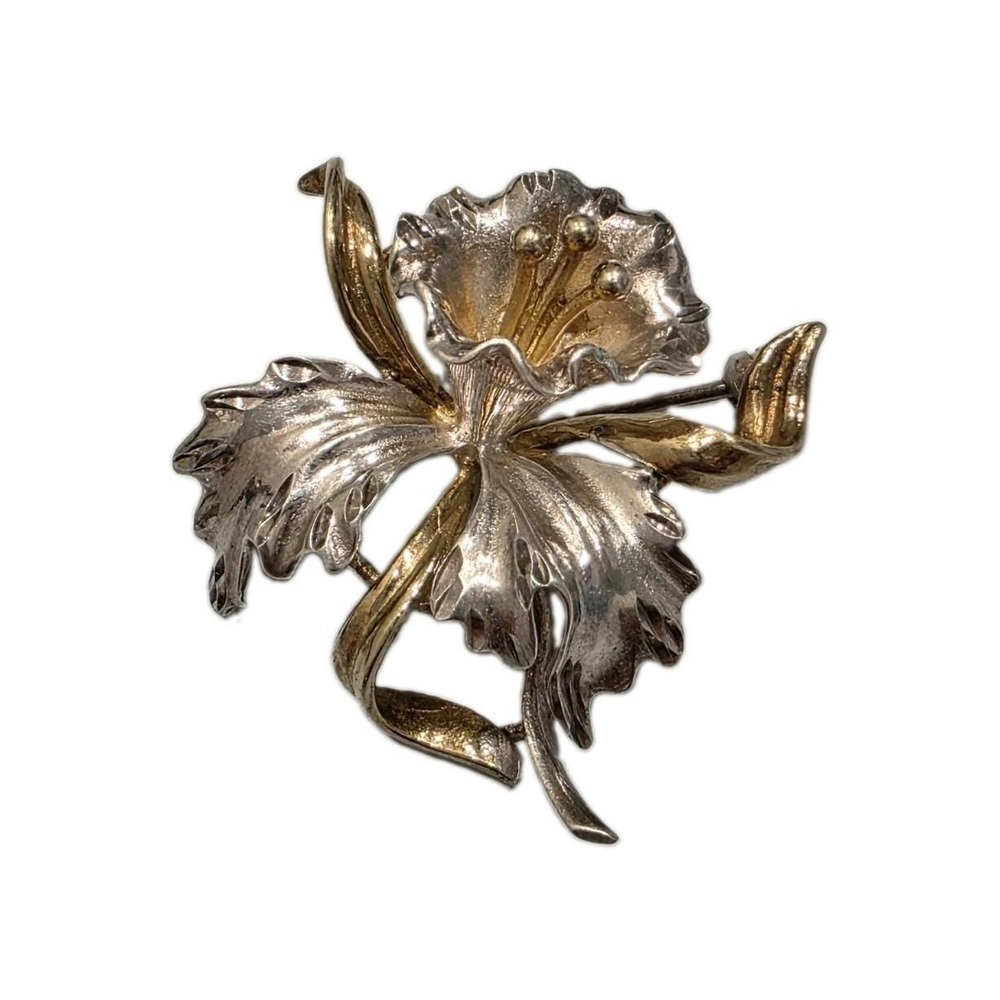 Vintage 1940s A-D Co Sterling Vermeil Orchid Brooch Pin Iris Flower 6g 1.5" Rare
